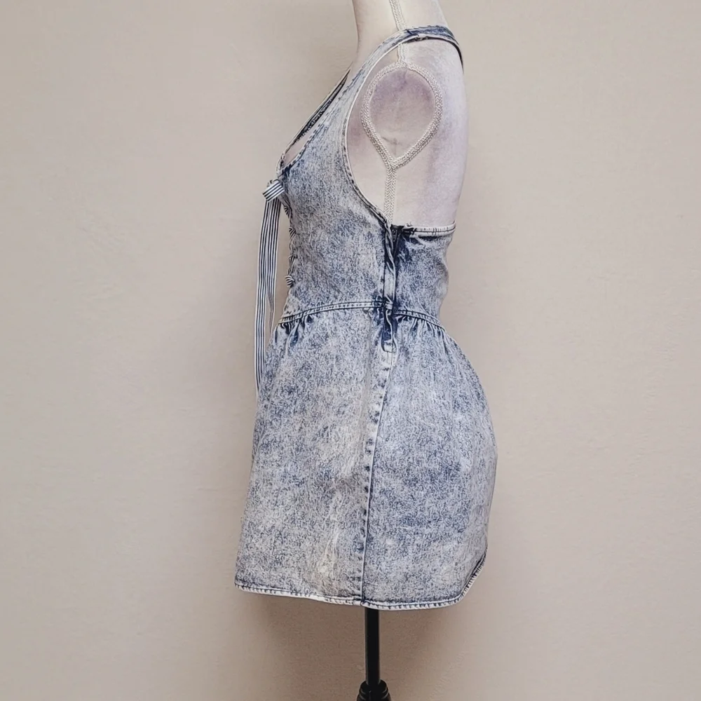 80s Vintage Amy Too Byer California Acid Wash Cotton Lace-up Mini Skater Dress S - Picture 9 of 16